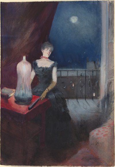 Mulher em pé com um ventilador de Jean Louis Forain