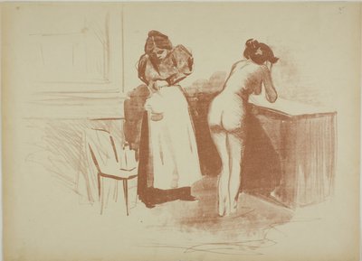 A massagem com luva de cabelo grosso, lavagem e placa de linha de Jean Louis Forain