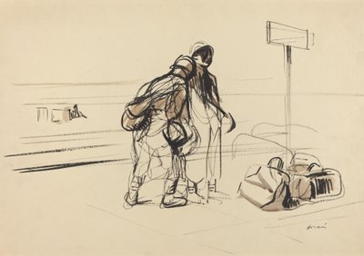 Dois soldados franceses perto de um Quadro de Avisos, c. 19141919. de Jean Louis Forain