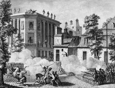 Revolução Francesa: Ação entre a Real Alemanha e a Guarda Francesa em frente ao depósito da Guarda Francesa em 12 de julho de Jean Louis II (after) Prieur