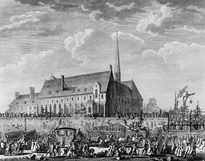 Revolução Francesa: O Rei Luís XVI chegando com a sua família (Maria Antonieta, o golfinho Luís Carlos de França ou Luís XVII e Maria Teresa conhecida como "Madame Royale") em Paris no dia 6 de Outubro de Jean Louis II (after) Prieur
