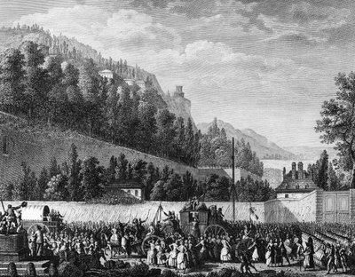 Revolução Francesa: As damas da Halle vão a Versalhes para o rei em 5 de outubro. de Jean Louis II (after) Prieur