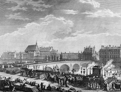 Revolução Francesa: Triunfo de François Marie Arouet dit Voltaire (1694-1778) a 11 de Julho de 1791 (o tanque funebre dos restos mortais de Voltaire tem a sua passagem na Ponte Real). Gravura de Berthaut depois de Prior. Paris, Biblioteca do Instituto de H de Jean Louis II (after) Prieur