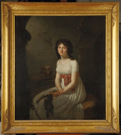Cidadã Tallien em uma cela na Prisão de La Force, segurando seu cabelo cortado, 1796 de Jean Louis Laneuville