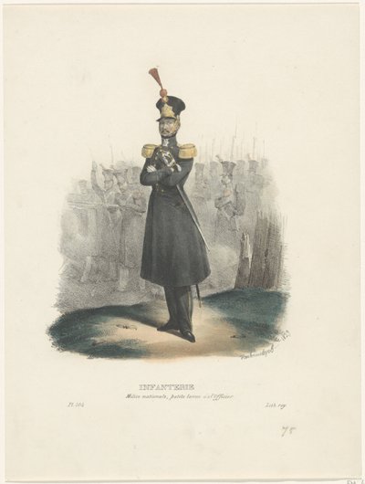 Oficial da Milícia Nacional, 1829 Infantaria / Milícia Nacional, Undress do oficial (título no objeto) Trajes belgas: antigos e modernos, militares, civis e religiosos, 1830 (título da série) de Jean Louis Van Hemelryck