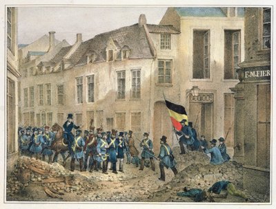 A Rue de Louvain, Bruxelas, 23 de setembro de 1830, gravado por AM Jobard (fl.1820-30) de Jean-Louis Van Hemelryck