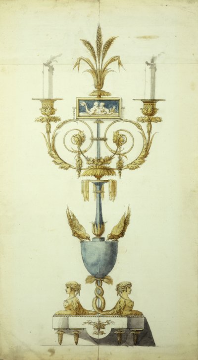 Design para um candelabro de bronze dourado e esmalte (caneta e tinta com w - c no papel) de Jean Louis the Younger Prieur