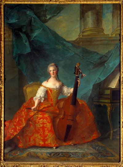 Retrato de Madame Henriette de France (1727-1752) filha de Luís XV, tocando o baixo de violeta - Pintura de Jean Marc (Jean-Marc) Nattier (1685-1766) de Jean Marc Nattier
