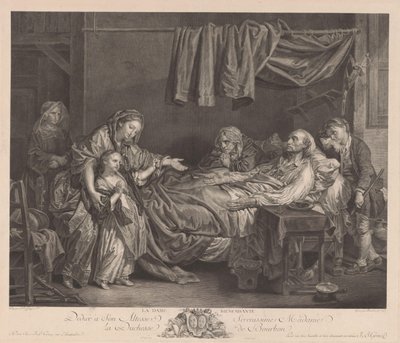 Família em torno de uma cama doente La Dame Bienfaisante (título no objeto) de Jean Massard
