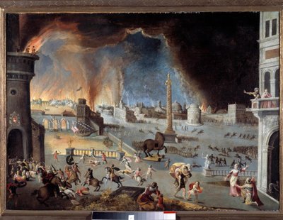 A captura da Cena de Tróia da Guerra de Tróia, a cidade é devorada pelos gregos que penetram na cidade graças ao cavalo. Pintura de Jean Maublanc (1582-1628). Século XVII. Besancon, musee des Beaux Arts - A queda de Tróia - Cena da Cena de Tróia W de Jean Maublanc