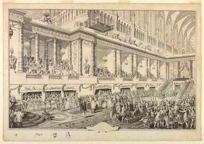 Luís XVI da França fazendo o juramento em sua coroação de Jean Michel Moreau le Jeune