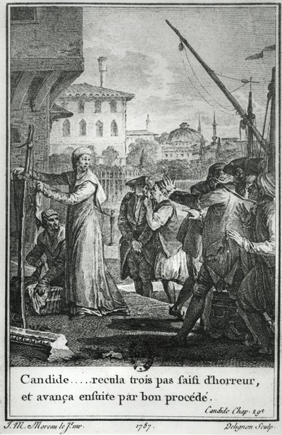 Cândido ... recuou três degraus, tomado de horror, e depois prosseguiu com um bom processo, ilustração do capítulo 29 de Cândido, de François Voltaire (1694-1778), gravada por Jean Louis Delignon (1755-1804) 1787 de Jean Michel the Younger Moreau