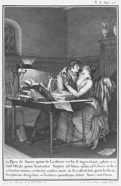Heloísa e Abelardo no seu estudo, ilustração de "Lettres d&39;Heloise e d&39;Abelard", volume I, página 25, com a inscrição de Noel Le Mire (1724-1800) 1795 de Jean Michel the Younger Moreau