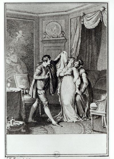 &39;&39; Tire esse véu &39;, disse a velha a Cândido&39;, ilustração do capítulo 7 de &39;Cândido&39; de François Voltaire (1694-1778) 1787 (gravura) (foto bw) de Jean Michel the Younger Moreau