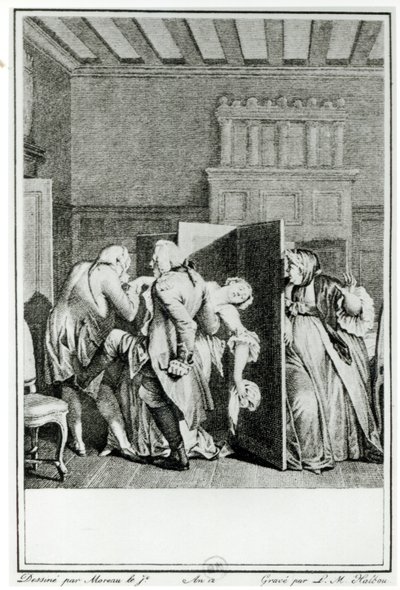 O Barão ... saudou Candide com alguns chutes notáveis na culatra e o expulsou de casa, ilustração do capítulo 1 de Cândido de François Voltaire (1694-1778) gravada por Louis Michel Halbou ( de Jean Michel the Younger Moreau