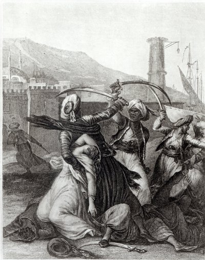 O meu capitão manteve-me escondido atrás dele, e com a sua cimitarra desenhada cortou todos os que se lhe opunham", ilustração do capítulo 11 de "Candide" de François Voltaire (1694-1778) (gravura) (foto a p/b) de Jean Michel the Younger (after) Moreau