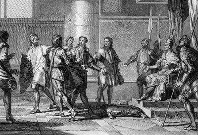 Carlos (953-991), irmão do rei Lothaire, presta homenagem a Otton (Othon) II (955 - 983), imperador do Sacro Império Romano. Este último criou o Duche da Baixa Lorena (Baixa Lotharingia) e nomeou Carlos Duque da Baixa Lotharingia, 977. Gravura de Jean Michel the Younger Moreau