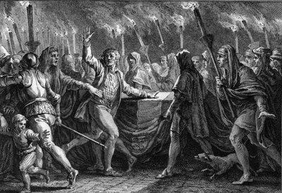 Clameur de haro no funeral de Guilherme o Conquistador (1027-1087) na abadia de Saint Etienne de Caen (Normandia) de Jean Michel the Younger Moreau