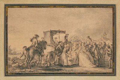 Maria Antonieta, saindo de sua carruagem e cercada por seu cortejo, confortando um camponês, 1773 de Jean Michel the Younger Moreau