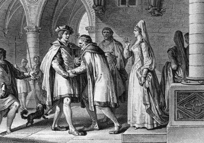 Philip I (1052-1108), Rei dos Francos, visitando a corte do Conde de Anjou, Foulques le Rechin (1042-1109). Esta viagem é um pretexto para organizar o seu casamento com Bertrade de Montfort (cerca de 1070-1118), esposa do Conde. 1095. Gravura de Jean Mich de Jean Michel the Younger Moreau