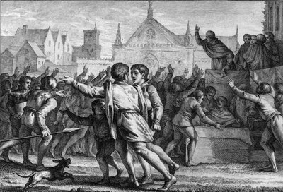 O Papa Urbano II (1042-1099), que acolheu a multidão no Conselho Clermont para encorajar a população a participar na Primeira Cruzada e a receber a cruz de pano vermelha, símbolo das gravuras de Jean Michel the Younger Moreau
