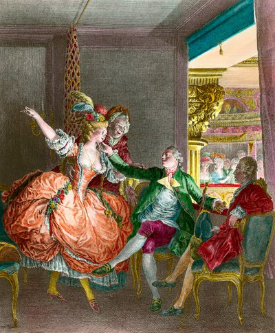 Prostituição: "A apresentação no teatro" Uma jovem mulher é apresentada através de um casamenteiro a um cavalheiro. Gravura de Moreau le Jeune (1741-1814). Século XIX. Coleção particular de Jean Michel the Younger Moreau
