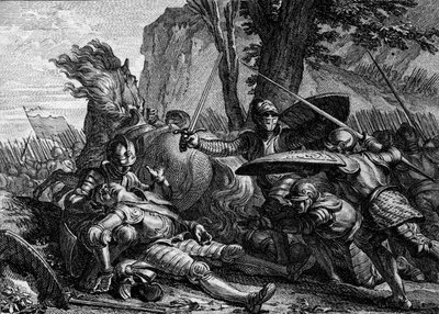 Roland morreu durante a batalha de Roncesvaux entre o exército de Carlos Magno e o dos sarracenos. 778. Gravura de Jean Michel Moreau, dit Moreau le Jeune (1741- 1814) de Jean Michel the Younger Moreau