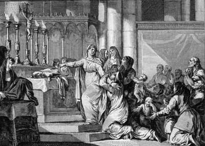 Sainte Bathilde (ou Batilde, Bathylle, Beaudour) (626-680), rainha dos Francos e viúva de Clóvis II, decidiu tomar o véu no mosteiro de Chelles em 665. Os seus súbditos tentam detê-lo. Gravura de Jean Michel Moreau, dit Moreau le Jeune (1741- 1 de Jean Michel the Younger Moreau