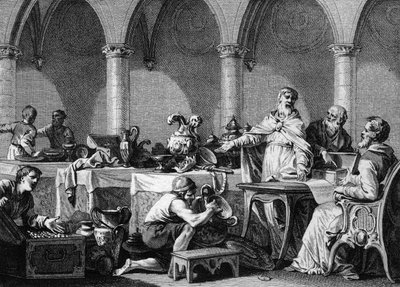 Partilha dos Tresors de Dagobert I (602/605-638), Rei dos Francos, após a sua morte, sob o controlo dos dois prefeitos do Palácio Pepin de Landen e Aega. Gravura de Jean Michel Moreau, dit Moreau le Jeune (1741- 1814) de Jean Michel the Younger Moreau