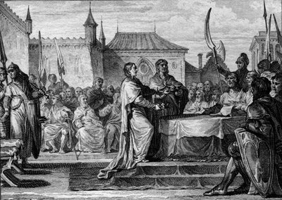 Sucessão de Pepin the Brief, 768: uma assembléia decidiu dividir o reino entre seus dois filhos, Carlos Magno (747-814) e Carloman (ca. 751-771), quebrando assim os arranjos feitos por Pepin the Brief. Gravura de Jean Michel Moreau, dit Moreau l de Jean Michel the Younger Moreau