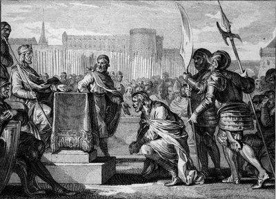 Tassilon III (Tassilhão, Tassilo, 742-794), Duque de Baviere, prostrado a Carlos Magno (747-814), Rei dos Francos, em Ingelheim, 788. Ele foi condenado à traição e condenado à morte, mas terminou a sua vida num mosteiro. Gravura de Jean Michel Moreau, de Jean Michel the Younger Moreau