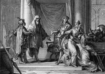 A Princesa da Aquitânia, Lampagie, foi casada à força pelo seu pai (Eudes) com o capitão mouro Munuza (Uthman ibn Naissa), a fim de garantir a paz com os sarracenos, 730. Gravura de Jean Michel Moreau, dit Moreau le Jeune (1741- 1814) de Jean Michel the Younger Moreau