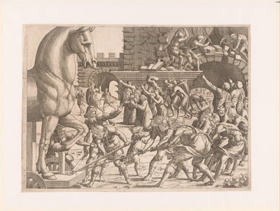 Trazer o cavalo de Tróia
História da Guerra de Tróia (título da série) de Jean Mignon (attributed to)