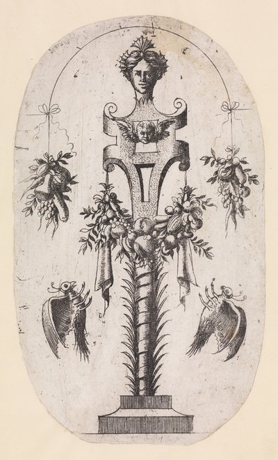 Projeto para um mandato com a cabeça da mulher, cintas e troféus, 1535-55. de Jean Mignon