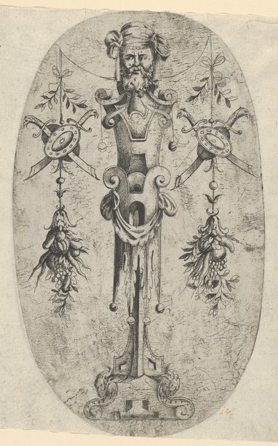 Figura terminal masculina, cabeça com barba e turbante em pé de treliça de três quartos..., ca. 1543-45. de Jean Mignon