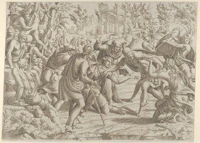 O Traiçoeiro Sinon Traiçoeiro trazido para o Acampamento Trajano pelos Pastores, 1535-55. de Jean Mignon