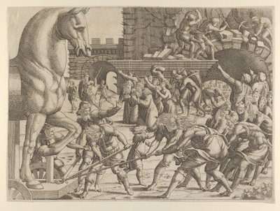 Os Troianos Trazem o Cavalo de Madeira para a Cidade deles, 1535-55. de Jean Mignon