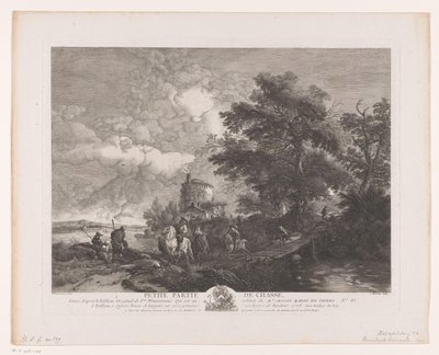 Festa de caça numa paisagem com ponte
Petite Partie de Chasse (título sobre o objecto)
Impressões após pinturas de Philips Wouwerman (título da série)
Oeuvres de Ph.pe Wouwermans Hollandois (título da série) de Jean Moyreau