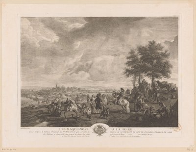 Paisagem com comerciantes de cavalos em um mercado Les Maquignons à la Foire (título no objeto) Impressões após pinturas de Philips Wouwerman (título da série) Oeuvres de Ph.pe Wouwermans Hollandois (título da série) de Jean Moyreau