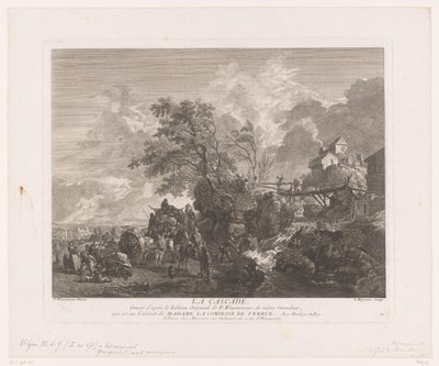 Paisagem com viajantes numa queda de água
La cascata (título sobre o objecto)
Impressões após pinturas de Philips Wouwerman (título da série)
Oeuvres de Ph.pe Wouwermans Hollandois (título da série) de Jean Moyreau
