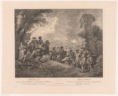 Procissão com soldados a caminho de uma cidade Défillé - Decursus (título no objeto) Obras de Antoine Watteau (título da série) A obra de Antoine Watteau, peintre du roy en son Academie roïale de peinture et escultura (...) (título da série) de Jean Moyreau