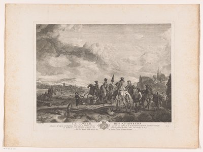 Grupo de caça em repouso numa paisagem
Le Conseil des Chasseurs (título sobre o objecto)
Impressões após pinturas de Philips Wouwerman (título da série)
Oeuvres de Ph.pe Wouwermans Hollandois (título da série) de Jean Moyreau