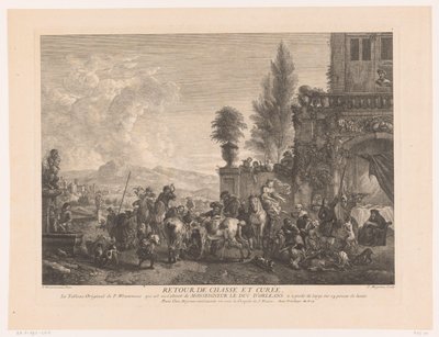 Retorno da festa de caça Devolva o chasse et curée (título no objeto) Impressões após pinturas de Philips Wouwerman (título da série) Oeuvres de Ph.pe Wouwermans Hollandois (título da série) de Jean Moyreau