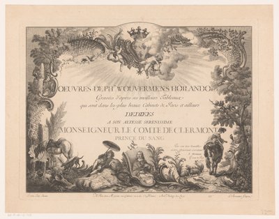 Impressão de título com figuras e animais numa paisagem, com o retrato de Philips Wouwerman
Impressões após pinturas de Philips Wouwerman (título da série)
Oeuvres de Ph.pe Wouwermans Hollandois (título da série sobre o objecto) de Jean Moyreau