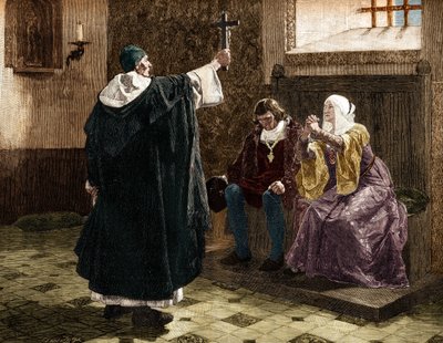 O grande inquisidor espanhol, Fray Tomas de Torquemada (1420-1498), entre os reis católicos Fernando II e Isabel 1 de Castela de Jean Paul (after) Laurens