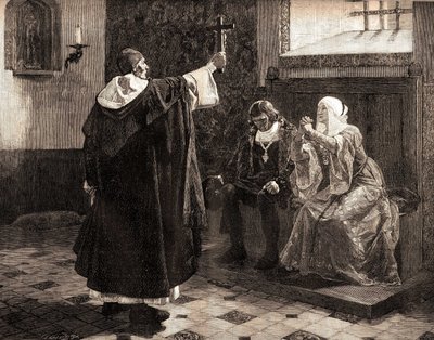 O grande inquisidor espanhol, Fray Tomas de Torquemada (1420-1498), entre os reis católicos Fernando II de Aragão e Isabel de Castela de Jean Paul (after) Laurens