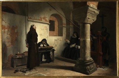 Bernard Delicieux (1260-1319) perante o tribunal da Inquisição - Pintura de Jean Paul (Jean-Paul) Laurens (1838-1921), óleo sobre tela, cerca de 1881, 79x121 cm - (Bernard Delicieux perante o Tribunal da Inquisição, Óleo sobre tela de Jean Paul Laurens) -  de Jean Paul Laurens