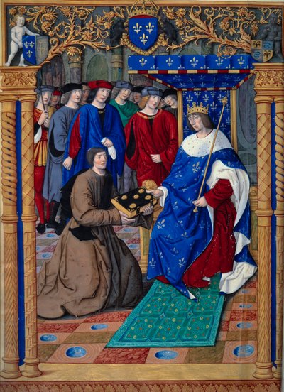 Francesco Petrarca ou Petrarca apresenta o seu livro ao Rei de França Luís XII. Miniatura em "Remédios contra ambas as fortunas". De remediis utriusque fortunae" de Petrarque (1304-1374) e enlumine de Jean Pichore cerca de 1503. Paris, NL de Jean Pichore