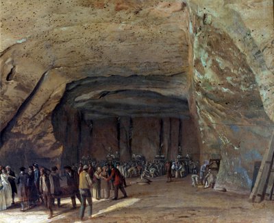 Adega servindo como armazém de sal em Dieppedalle por volta de 1789 Trabalhadores em uma pedreira de sal. Pintura de Jean pierre Houel (1735-1813) 1789 aproximadamente Sun. 0,65x0,97 m Rouen, musee des Beaux Arts - Gruta usada como armazém de sal em Dieppe de Jean-Pierre Houel