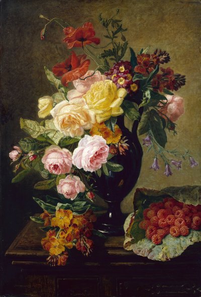 Rosas, papoilas, flores de parede num vaso com framboesas (óleo sobre tela) de Jean Pierre Lays